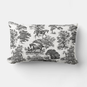 Coussin Rectangle Elégant Black White Rustic Horses Toile