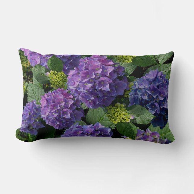 Coussin Rectangle Elégant bleu violet magenta vert hydrangée florale (Recto)