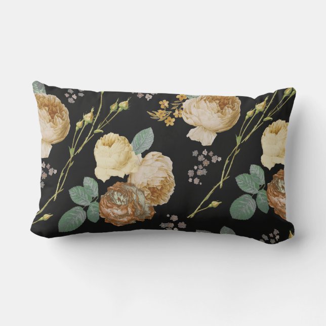 Coussin Rectangle Élégant chic Rose de beige floral sur noir (Verso)