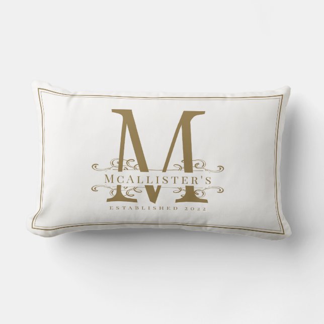 Coussin Rectangle Élégant Monogramme de famille blanche et or Etabli (Recto)