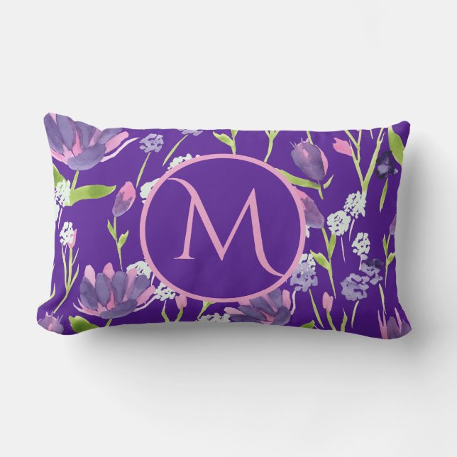 Coussin Rectangle Élégant Monogramme romantique rose violet floral (Recto)