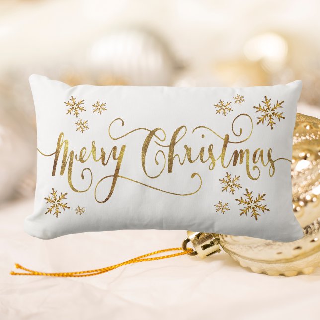 Coussin Rectangle Elégant or et blanc Joyeux Noël (Elegant Gold and White, Merry Christmas Lumbar Pillow)