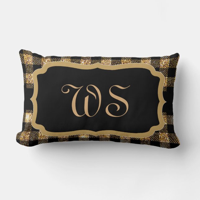Coussin Rectangle Élégant or Noir Plaid Motif Chic Monogramme (Recto)