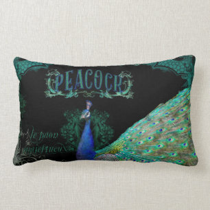 Coussin Rectangle Elégant Peacock avec Vintage Scrolls Black Sparkle