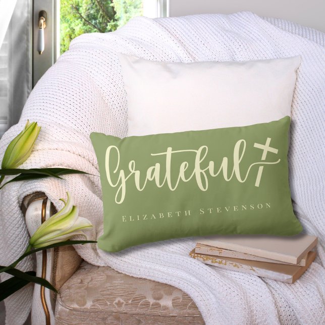 Coussin Rectangle Élégant Script Vert de mousse Crème Grateful (Créateur téléchargé)