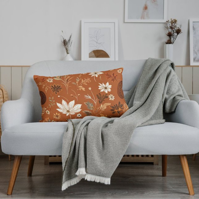 Coussin Rectangle Élégant Terra Cota Citrouille Automne Motif Floral (Créateur téléchargé)