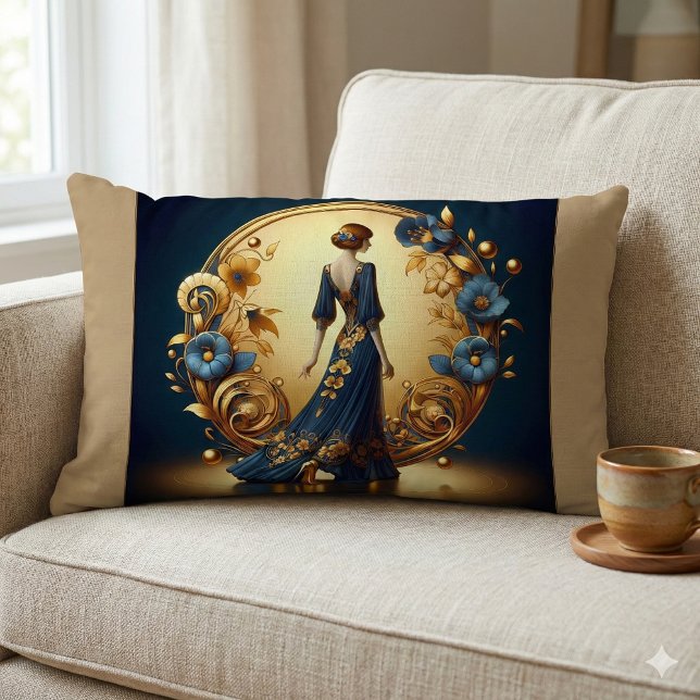 Coussin Rectangle Elégante femme Art Déco en Or et Bleu (Elegant Art Deco Woman in Gold and Blue Lumbar Pillow Mockup A)
