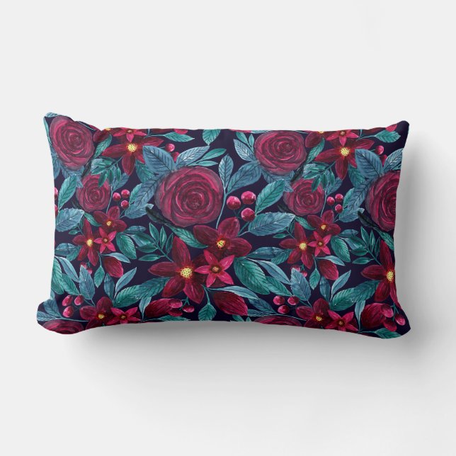 Coussin Rectangle Elégante marine Bourgogne Noël Floral Aquarelle (Recto)