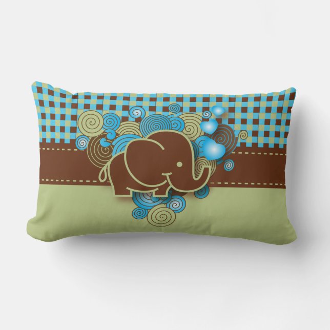 Coussin Rectangle Éléphant bleu, vert et Brown de bébé de plaid (Recto)