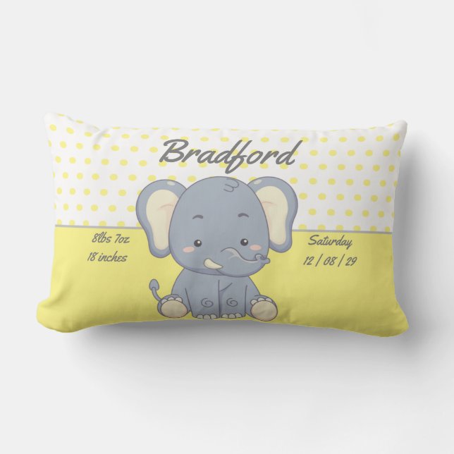 Coussin Rectangle Eléphant et Pois, Jaune et Gris (Recto)
