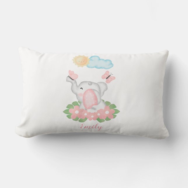 Coussin Rectangle Eléphant mignon bébé avec fleurs roses (Recto)