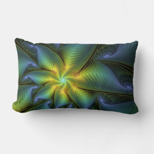 Coussin Rectangle Etoile Abstraite, Bleu brillant Vert Or Fractal Ar