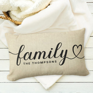 Coussin Rectangle Family Love Script Rustic Linen Custom Monogramme