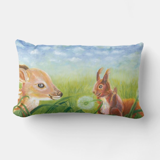 Coussin Rectangle Faon allongé dans l'herbe et Écureuil (Recto)