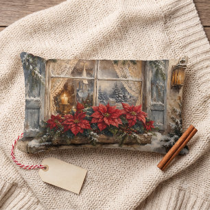 Coussin Rectangle Fenêtre de Noël au Poinsettia enneigé