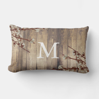 Coussin Rectangle Ferme Fleurs de coton Planche de bois clair Monogr