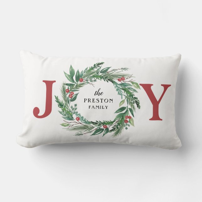 Coussin Rectangle Festif Pine verte Baies rouges Fêtes JOIE Wreath (Recto)