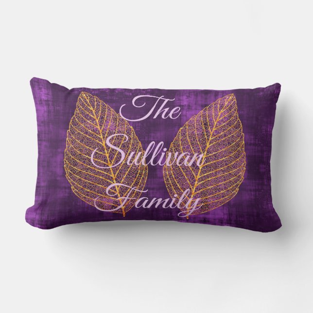 Coussin Rectangle Feuille d'or d'automne sur Satin violet violet (Recto)