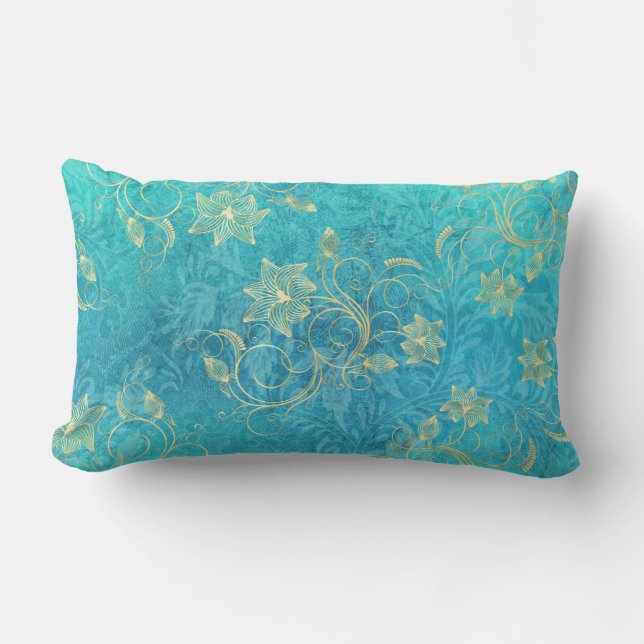 Coussin Rectangle Filigree floral or sur Turquoise (Recto)