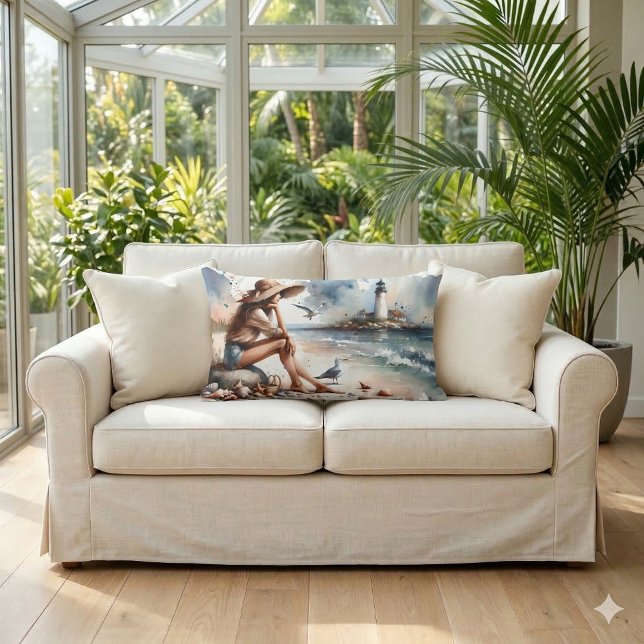 Coussin Rectangle Fille de la Plage Côtière & Phare (Coastal Beach Girl & Lighthouse Lumbar Pillow On Loveseat)