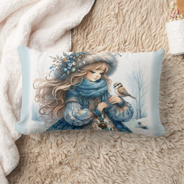 Coussin Rectangle Fille d'hiver avec oiseau en manteau floral bleu (Couverture)