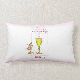 Coussin Rectangle Fille Rose Première Sainte Communion, Calice, Host