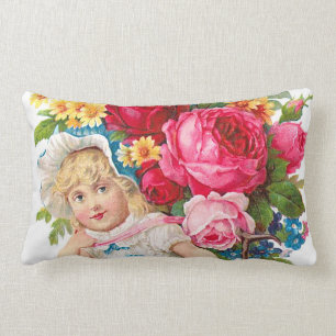 Coussin Rectangle Fille Vintage mignonne aux fleurs