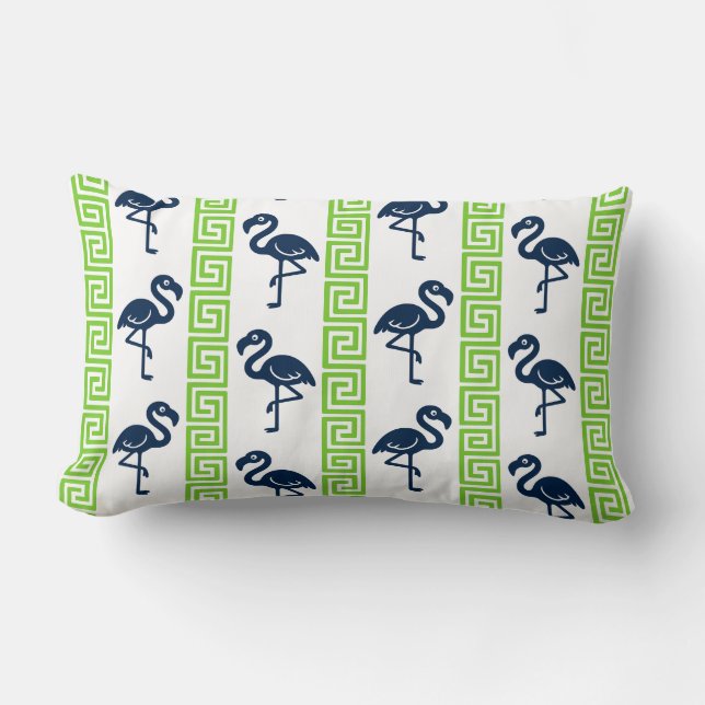 Coussin Rectangle Flamant Tropical - Clé Grecque Navy & Lime (Recto)