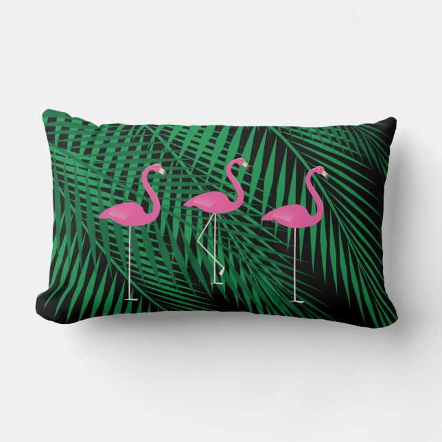 Coussin Rectangle Flamants roses et palmettes tropicales sur le ciel (Recto)