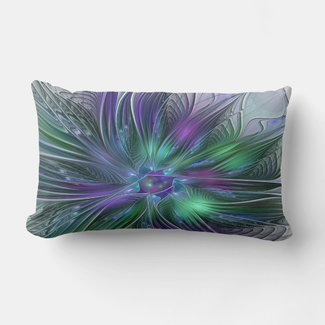 Coussin Rectangle Fleur verte abstraite moderne fractale violette (Recto)