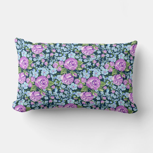 Coussin Rectangle Fleurs à motifs floraux en fleurs bleues violettes (Recto)