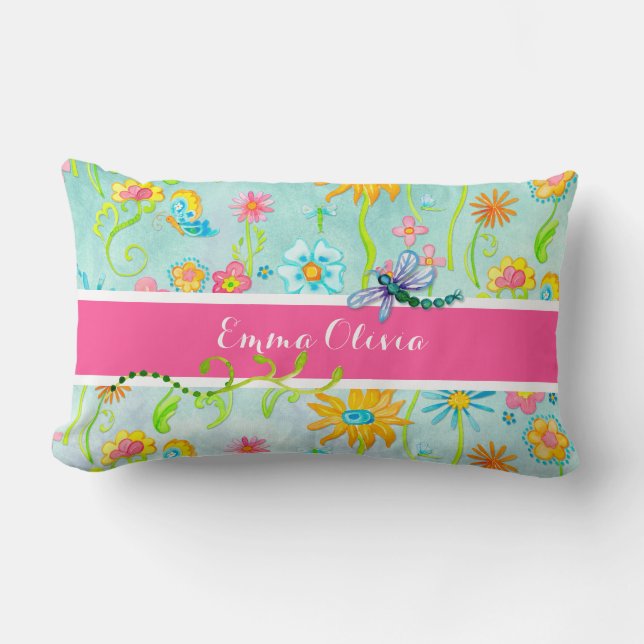 Coussin Rectangle Fleurs d'aquarelle Whimsical Papillon de libellule (Recto)