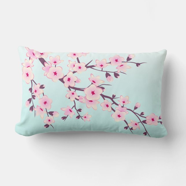 Coussin Rectangle Fleurs de cerisier mignonnes rose Turquoise (Recto)