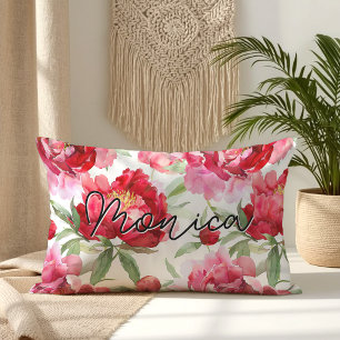 Coussin Rectangle Fleurs de pivoine rouges aquarelles personnalisées