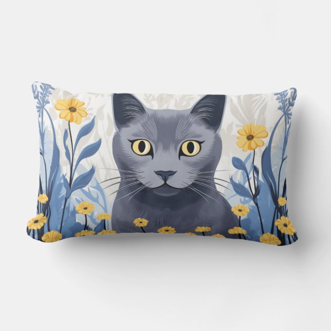 Coussin Rectangle Fleurs Jaunes Chat Bleu Russe (Recto)