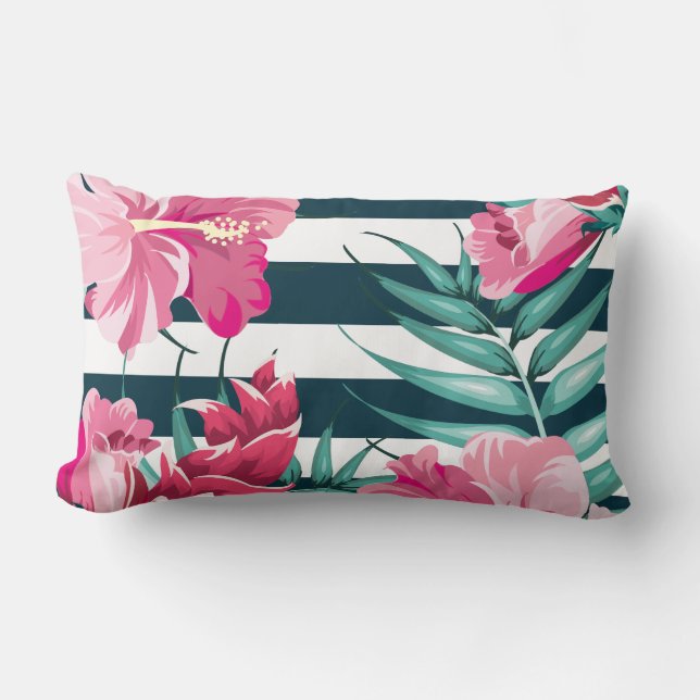 Coussin Rectangle Fleurs roses exotiques rayées (Recto)
