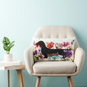 Coussin Rectangle Fleurs sauvages colorés et silhouette Dachsund