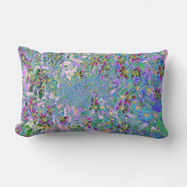 Coussin Rectangle Fleurs sauvages rétro violet, vert et bleu sur ros (Recto)