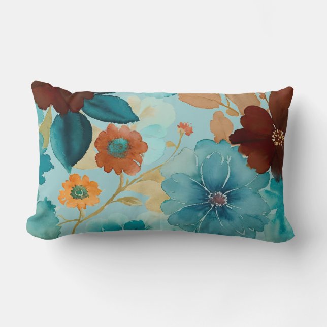 Coussin Rectangle Floral bleu turquoise, rouge, rouille et bronze (Recto)