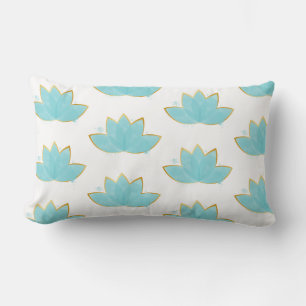 Coussin Rectangle Floral Lotus Aquarelle Mer Bleu & Faux Or