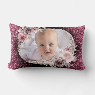 Coussin Rectangle Floral Pink Gold Two Photo Baby Girl cute