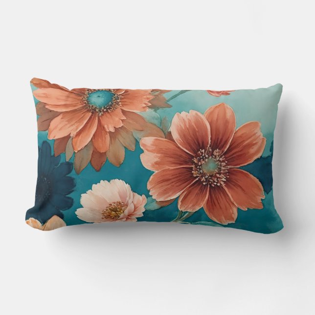 Coussin Rectangle Floral Rustique Bleu et Boho rouille (Recto)
