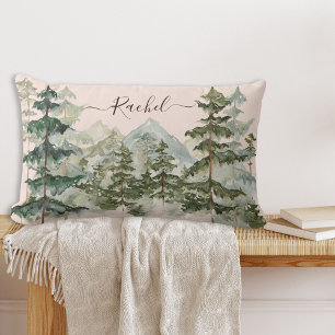 Coussin Rectangle Forêt de pins et montagne rustique à l'aquarelle