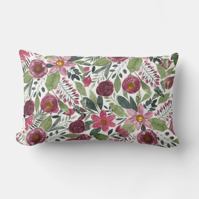 Coussin Rectangle Forêt rose Mauve Vert Aquarelle Fleurs Feuilles (Recto)