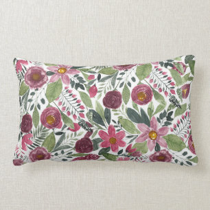 Coussin Rectangle Forêt rose Mauve Vert Aquarelle Fleurs Feuilles