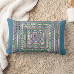 Coussin Rectangle Foulard ornemental ethnique carré bleu et vert