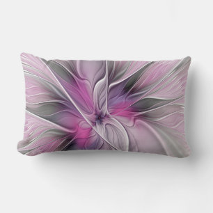 Coussin Rectangle Fractal Floral Moderne Abstrait Fleur Rose Gris