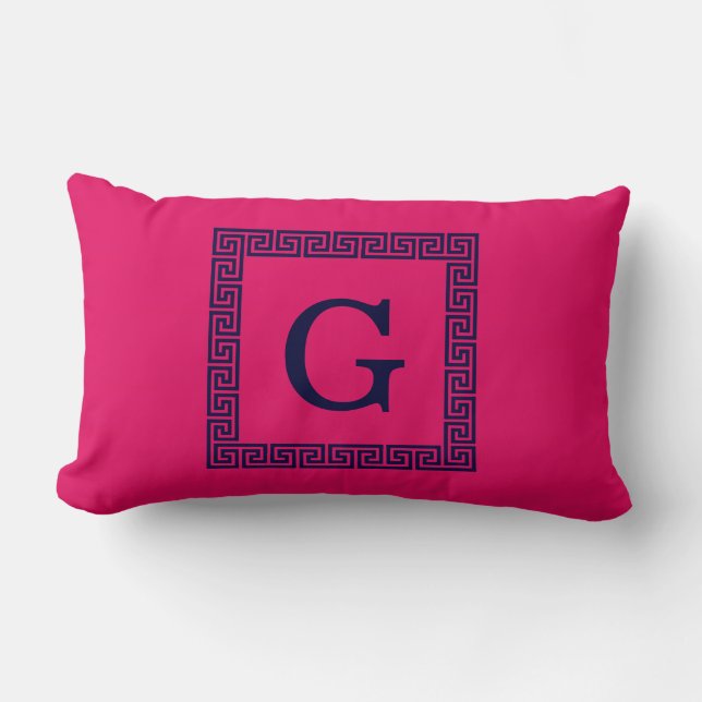 Coussin Rectangle Framboise, Clé grecque bleue marine #1 Monogramme  (Recto)