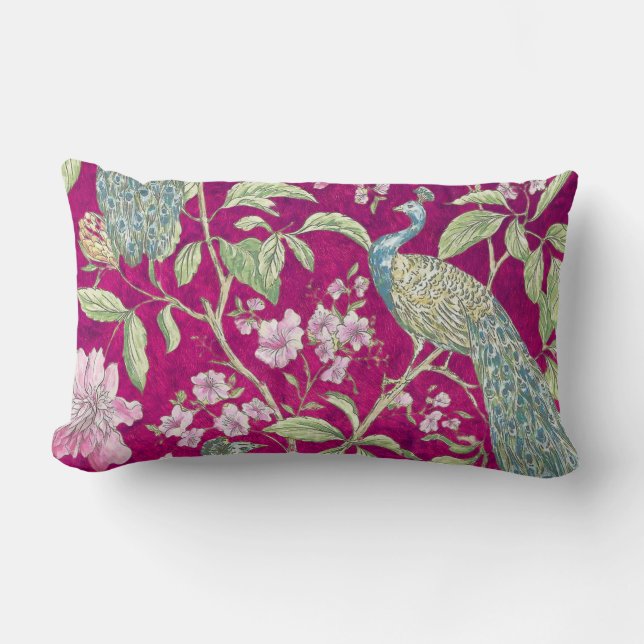 Coussin Rectangle Fuchsia Chinoiserie paon floral (Recto)