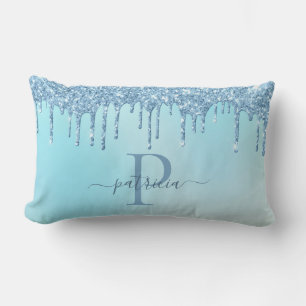 Coussin Rectangle Glam Bleu Glitter Gouttes Élégant Monogramme Couss